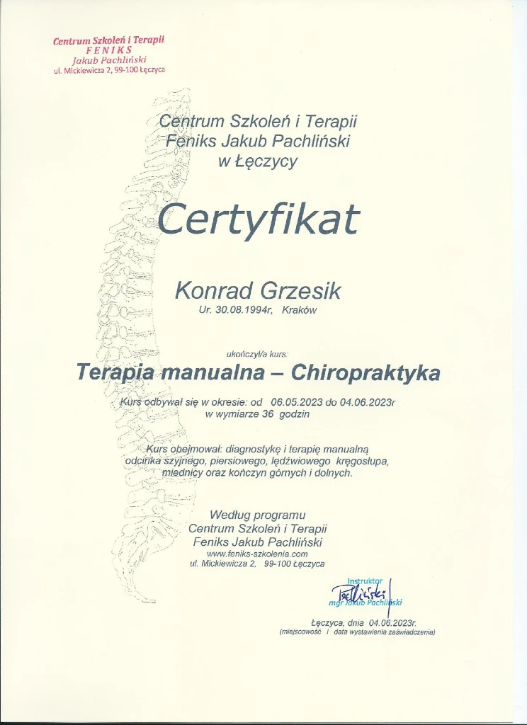 Trener personalny Konrad Kowal z Krakowa posiada certyfikat z chiropraktyki. Trener personalny Konrad Kowal z Krakowa posiada certyfikat z chiropraktyki.