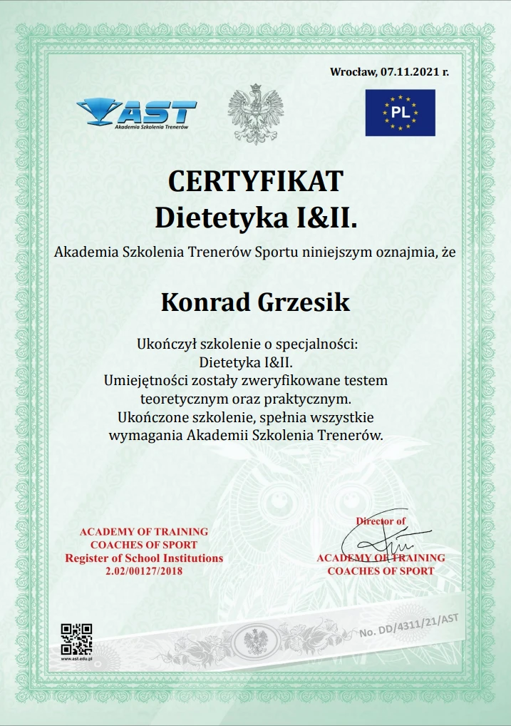 Trener personalny Konrad Kowal z Krakowa posiada certyfikat z dietetyki. Trener personalny Konrad Kowal z Krakowa posiada certyfikat z dietetyki.