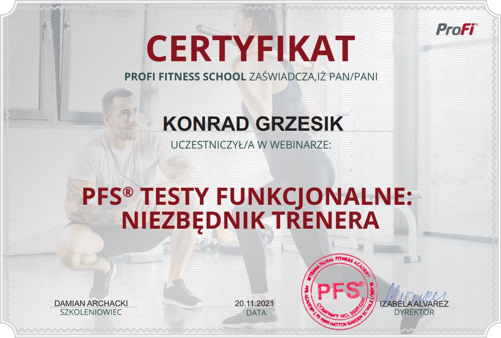 Trener personalny Konrad Kowal z Krakowa posiada certyfikat z testów funkcjonalnych.